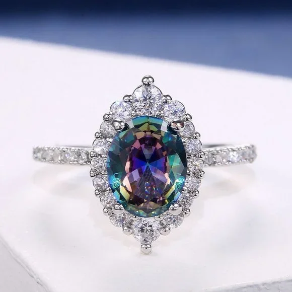 *NEW 925 Sterling Silver Mystic Topaz Halo Ring - Picture 6 of 9